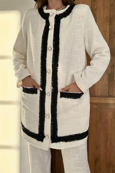 Şeritli Yakasız Ceket ve Pantolon Takım - Resim 4