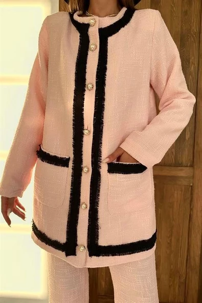 Şeritli Yakasız Ceket ve Pantolon Takım - 4