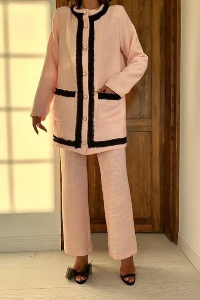 Şeritli Yakasız Ceket ve Pantolon Takım - 5