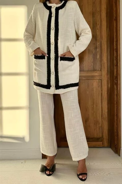 Şeritli Yakasız Ceket ve Pantolon Takım - Resim 3