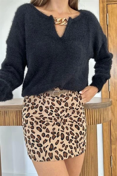 Yakası Zincirli Triko Kazak - 4