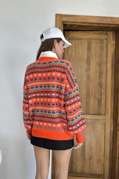 Desenli Triko Kazak - Turuncu - 5