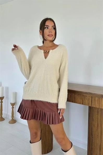 Yakası Zincirli Triko Kazak - 4