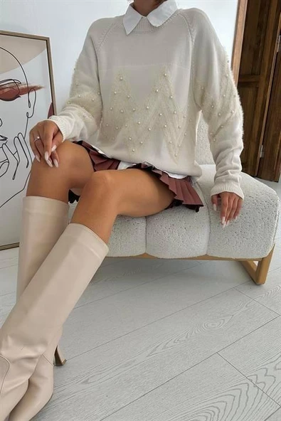 Boncuk İşleme Detaylı Triko Kazak - 5