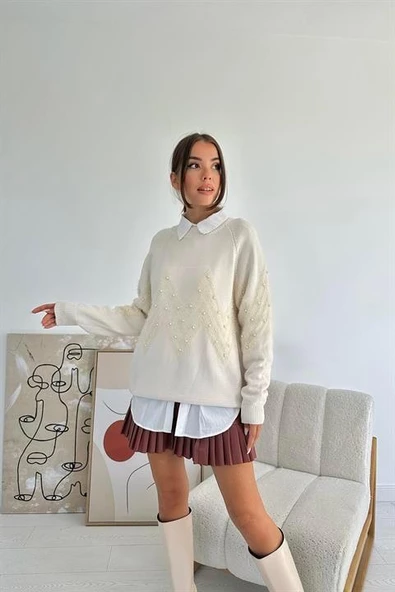 Boncuk İşleme Detaylı Triko Kazak - 3