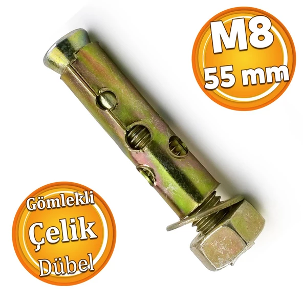 Saplamalı Gömlek Çelik Dübel M8x55 mm Raf Montaj Bağlantı Zemin Monte Tavan Beton Asma Aparat