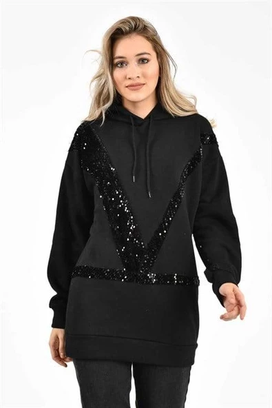Kapüşonlu ve Siyah Pullu Sweatshirt - 2