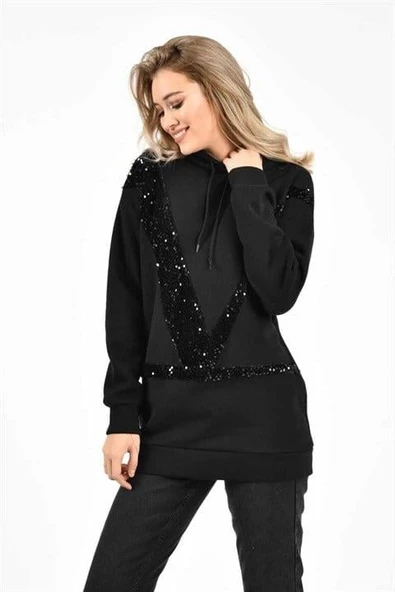 Kapüşonlu ve Siyah Pullu Sweatshirt - 3