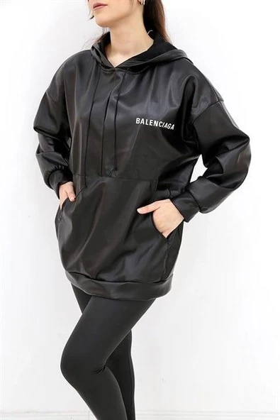Kapüşonlu Yazı Baskılı Deri Sweatshirt - 2