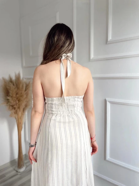 Kadın Keten Elbise Bej - 3