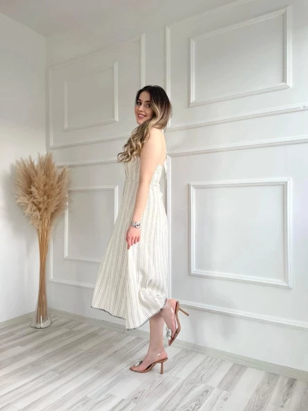 Kadın Keten Elbise Bej - 6