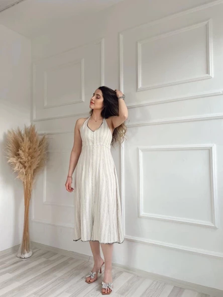 Kadın Keten Elbise Bej - 4