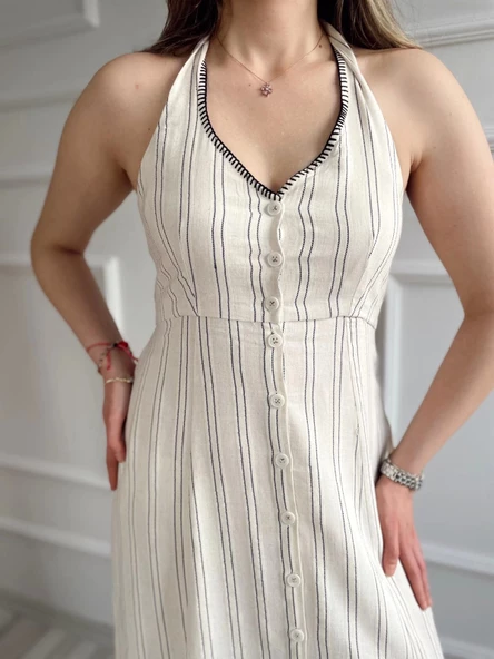 Kadın Keten Elbise Bej - 5