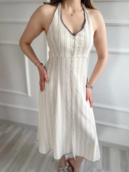 Kadın Keten Elbise Bej - 2