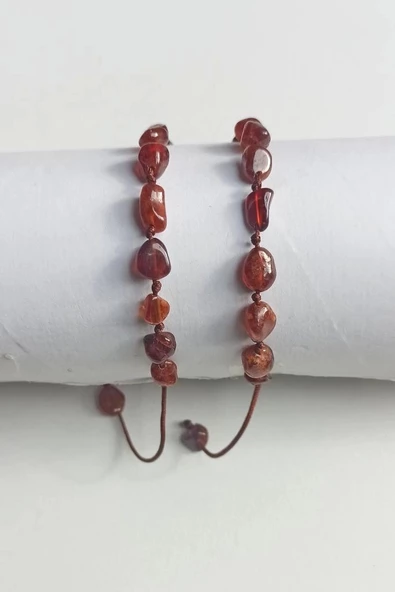 Hezonit Garnet Hessonite Lal Bileklik Makrome Ayarlı 316-1 - 2