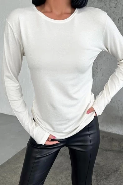 Rahat Ve Şık Uzun Kollu Bisiklet Yaka Likralı Viskon Penye Body Ekru - 2