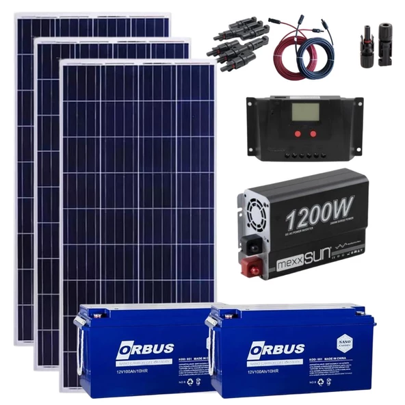 Lexron Mini Bağ Evi Güneş Enerjisi Solar Paketi 1200W Inverter 170W Güneş Paneli Paket 3