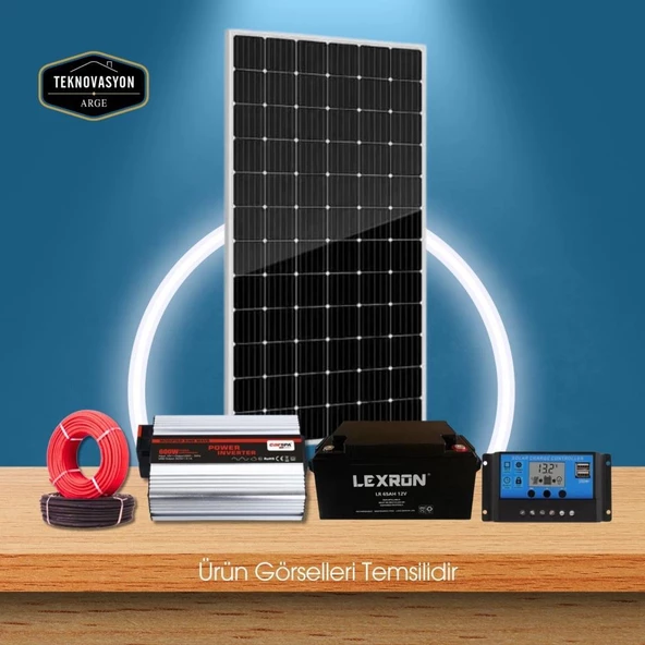 Teknovasyon Arge Güneş Enerjisi Aydınlatma - TV Paketi  600W İnverter 170W Güneş Paneli 65Ah Jel Akü