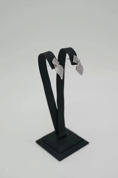 Zirkon Taşlı Fiyonk Gümüş Renk Çelik Küpe - 3