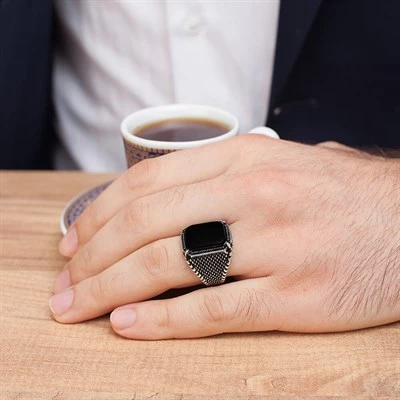 Siyah Oniks Taşlı Kare Gümüş Erkek Yüzük - 2