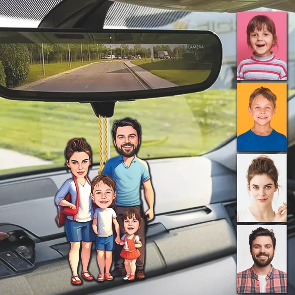 4 Kişi Anne Baba Çoçuk Tasarımlı Ahşap Araba Dikiz Ayna Süsü ürün görseli