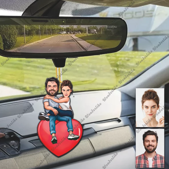 2 Kişi Kalpli Tasarımlı Ahşap Araba Dikiz Ayna Süsü ürün görseli