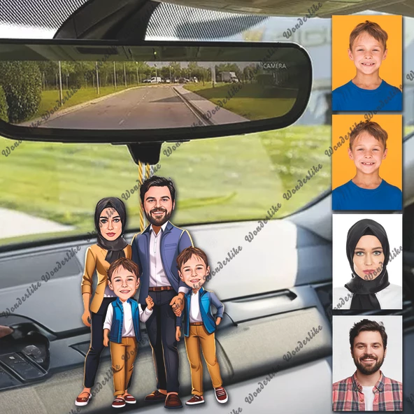 Anne Ve Baba İkiz Çoçuk Tasarımlı Ahşap Araba Dikiz Ayna Süsü ürün görseli