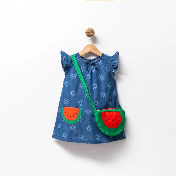 Jolbaby Karpuz Cepli Jean Kot Denim Kız Bebek Çantalı Bayramlık Elbise