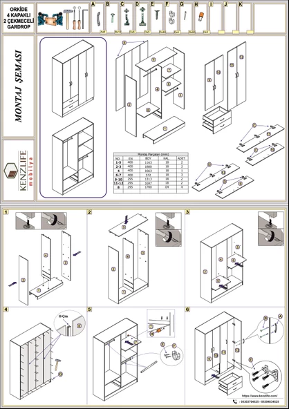 Kenzlife gardırop 4 kapaklı kapılı 2 çekmeceli orkide gri 180*120*42 gardolap dolap - 4