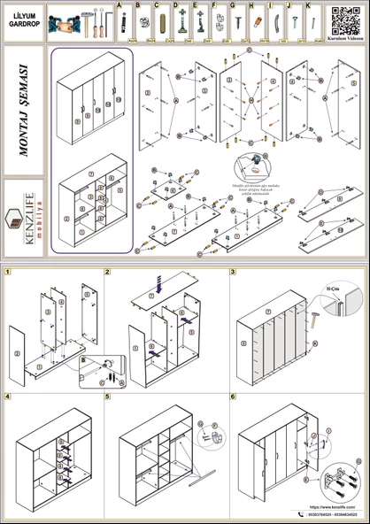 Kenzlife gardırop 5 kapaklı kapılı 150 lilyum gri aynalı gardolap dolap - Resim 4