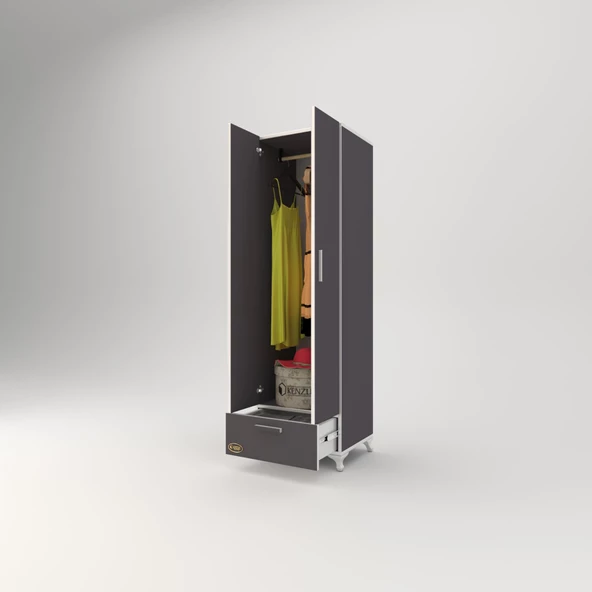 Kenzlife gardırop 2 kapaklı kapılı çekmeceli şebboy 168*50*42 gri ayaklı gardolap dolap - Resim 2