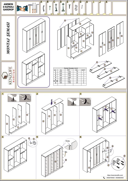 Kenzlife gardırop 6 kapaklı kapılı anemon 180*180*42 crd aynalı gardolap dolap - 4