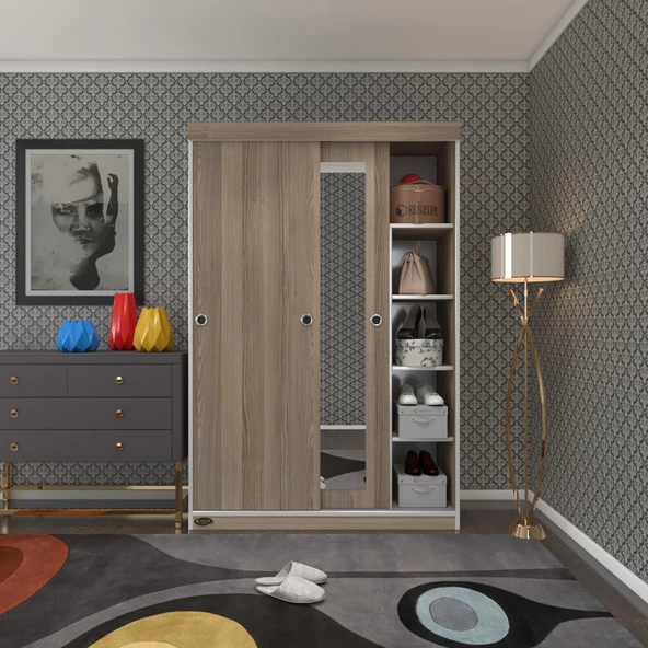 Kenzlife gardırop sürgülü kapaklı kapılı 120 papatya crd aynalı gardolap dolap