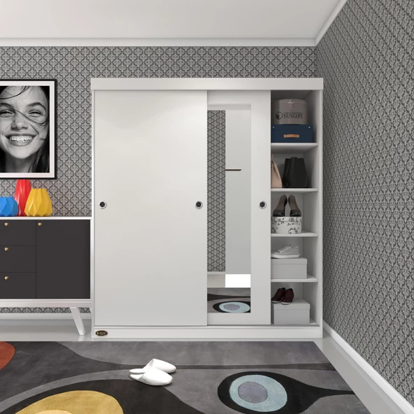 Kenzlife gardırop sürgülü kapaklı kapılı 160 papatya byz aynalı gardolap dolap