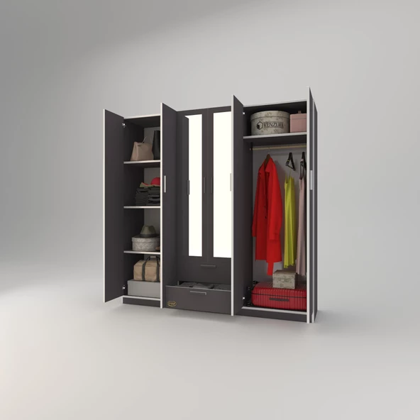 Kenzlife gardırop 6 kapılı çekmeceli begonvil180 gri aynalı kapaklı gardolap dolap - Resim 3