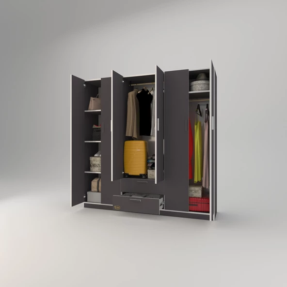 Kenzlife gardırop 6 kapılı çekmeceli begonvil180 gri kapaklı gardolap dolap - Resim 3