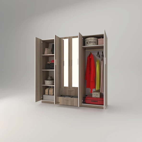 Kenzlife gardırop 6 kapılı çekmeceli begonvil180 crd aynalı kapaklı gardolap dolap - Resim 2