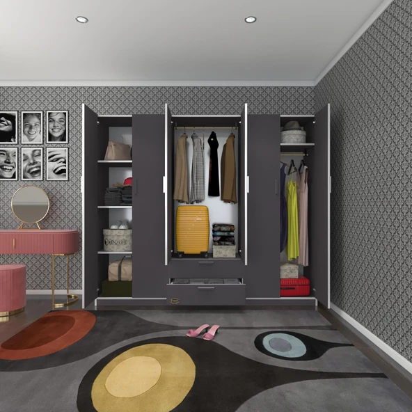 Kenzlife gardırop 6 kapılı çekmeceli begonvil210 gri kapaklı gardolap dolap