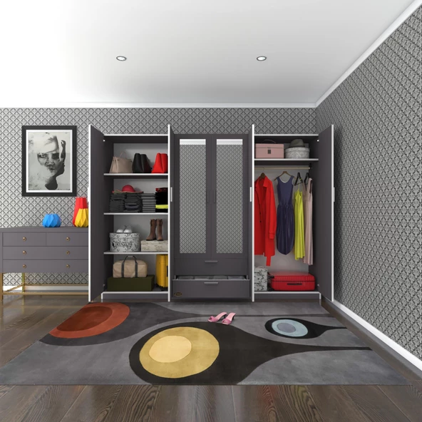 Kenzlife gardırop 6 kapılı çekmeceli begonvil240 gri aynalı kapaklı gardolap dolap