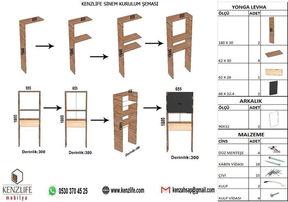 Kenzlife çamaşır makinesi dolabı sinem gri 180*066*30 banyo kiler kapaklı arkalıklı - 5