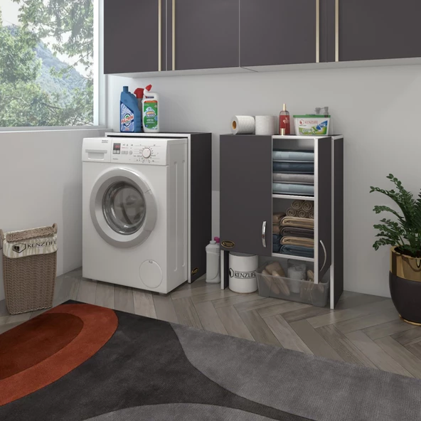 Kenzlife çamaşır makinesi dolabı sinem gri 180*066*30 banyo kiler kapaklı arkalıklı - 2