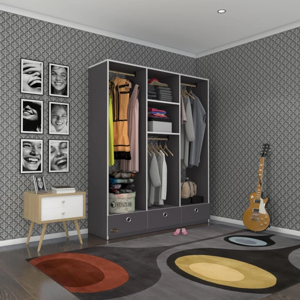 Kenzlife giysi dolabı 3 bölmeli 3 çekmeceli hamit150 gri dolap kapaksız