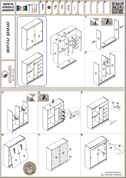 Kenzlife gardırop sürgülü kapaklı kapılı 140 papatya byz gardolap dolap - Resim 4