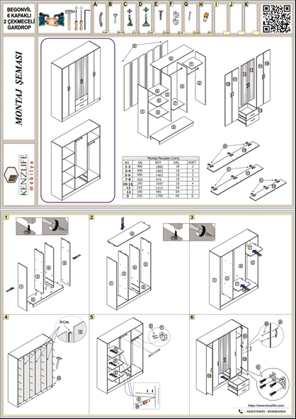 Kenzlife gardırop 6 kapılı çekmeceli begonvil150 byz kapaklı gardolap dolap - 4