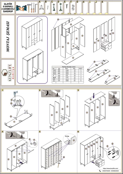 Kenzlife gardırop 6 kapaklı kapılı 2 çekmeceli glayör 168X150X42 byz ayaklı gardolap dolap - 5