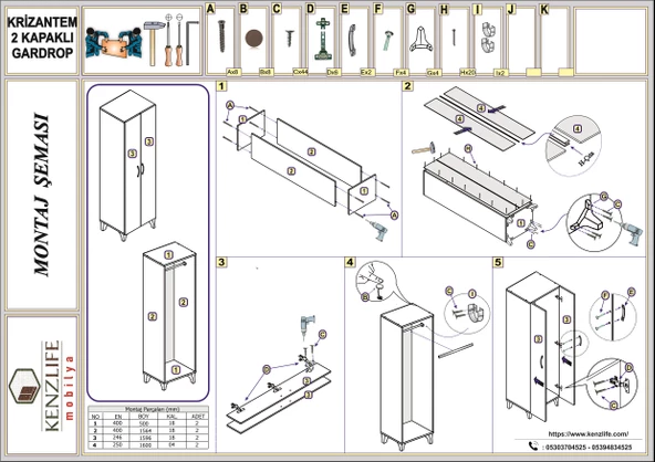 Kenzlife gardırop 2 kapaklı kapılı krizantem 168X50X42 byz ayaklı gardolap dolap - 5
