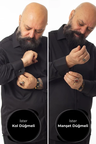 Siyah 4 Drop Ekstra Büyük Yaka Rahat Kesim Micro Kumaş Kol Düğmeli Regular Fit Erkek Gömlek // 189-6-DC24X - Resim 3