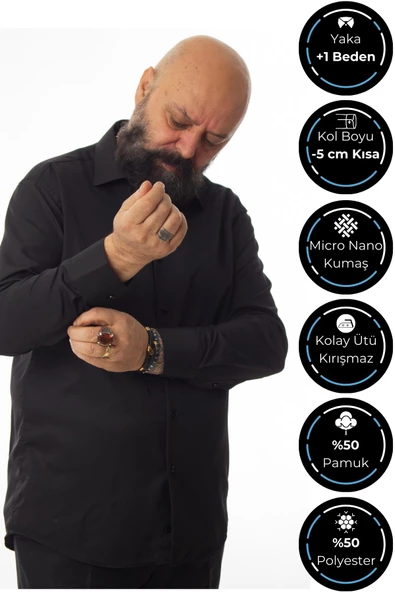 Siyah 4 Drop Ekstra Büyük Yaka Rahat Kesim Micro Kumaş Kol Düğmeli Regular Fit Erkek Gömlek // 189-6-DC24X - Resim 2