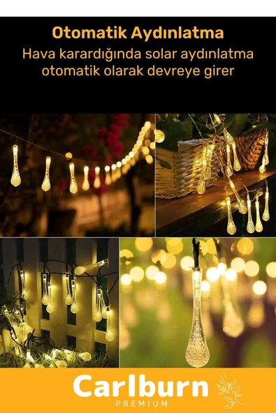 Özel Seri Solar Güneş Enerji 30 Ledli Su Damlaları 5 Metre Uzunluğunda Sarı Renkli Bahçe Aydınlatma - 2