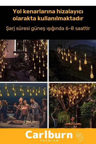 Özel Seri Solar Güneş Enerji 30 Ledli Su Damlaları 5 Metre Uzunluğunda Sarı Renkli Bahçe Aydınlatma - 3